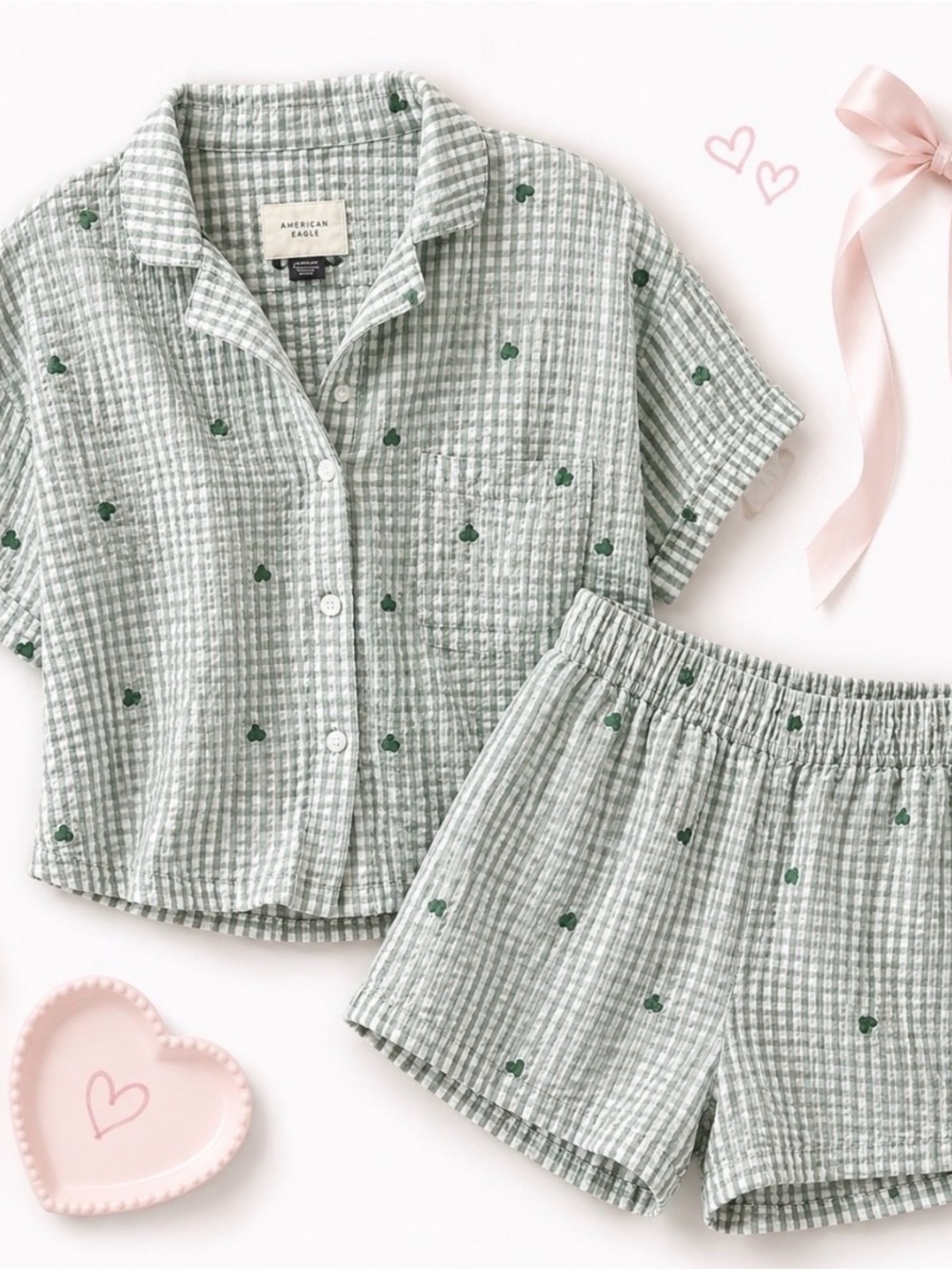 American Eagle women’s green heart print gingham pajama set size XXS